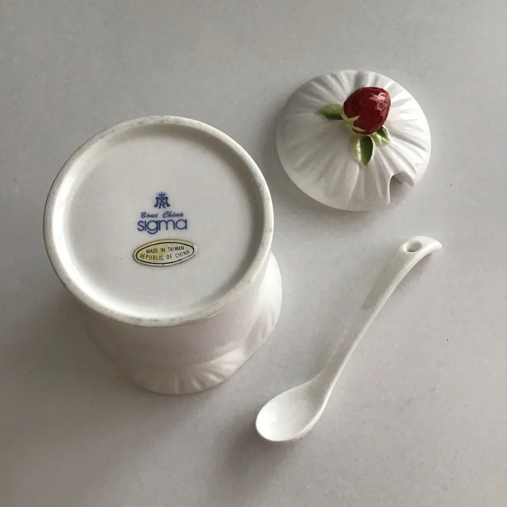 Jam Jar Bone China Covered Strawberry Marmalade Preserves Lid Spoon Vintage